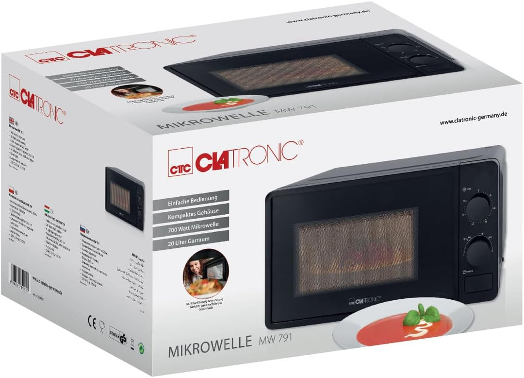 Clatronic® Mikrowelle | 700 Watt | 6 Stufen | 20 Liter Garraum | 360° Drehteller | Timer mit Endsign