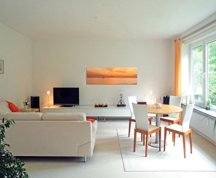 Paul Sinus Art Panoramabild auf Leinwand und Keilrahmen 150x50cm Meer Fischerboot Sonnenaufgang