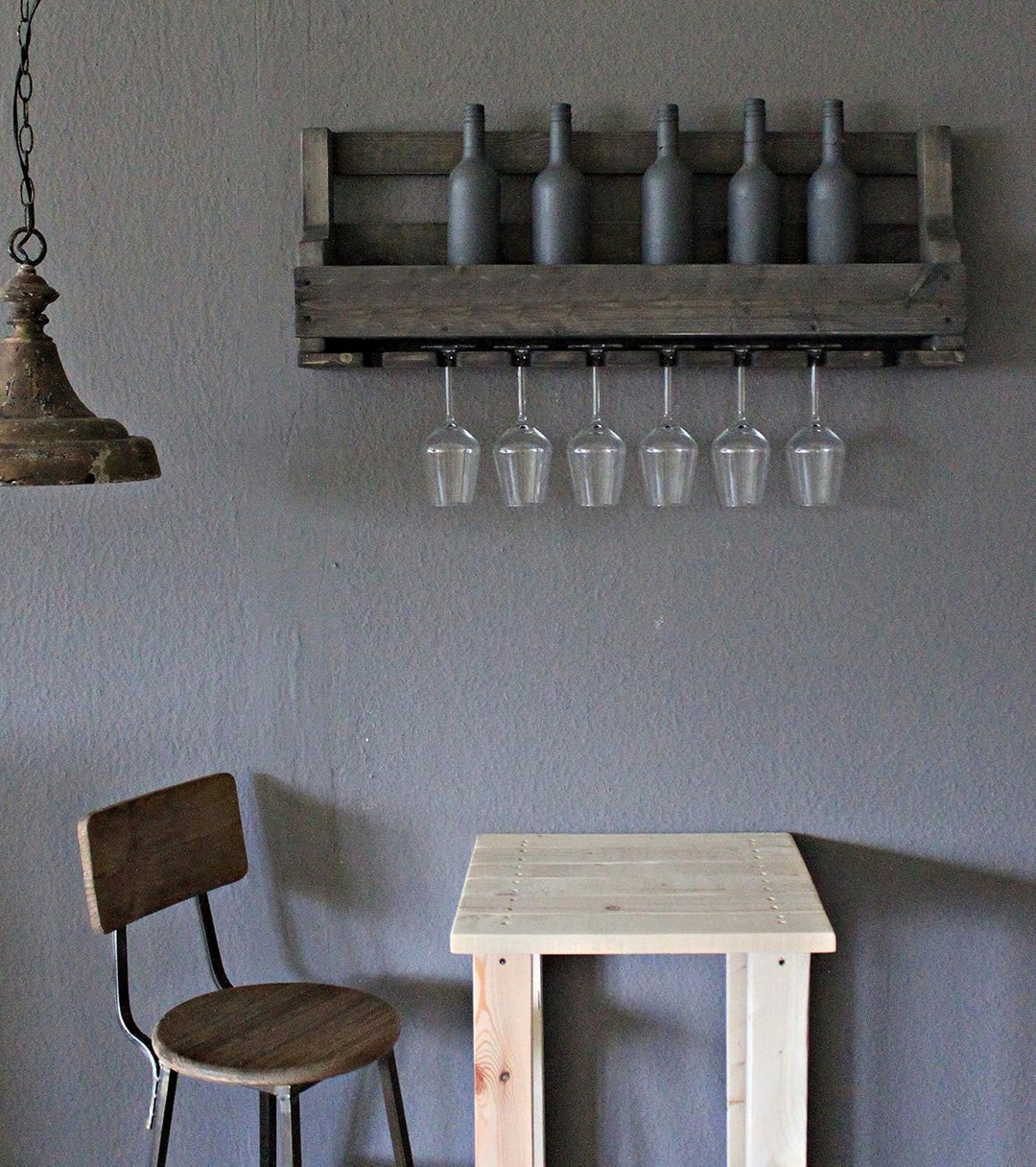 Weinregal aus Holz für die Wand - mit Gläserhalter - Schwarz - fertig montiert - Regal für Weinflasc