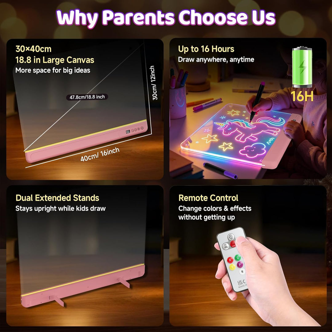LED Zeichenbrett für Kinder, 30x40cm Wiederaufladbare LED Notiztafel mit Farben und 15 Lichtmodi, Ma