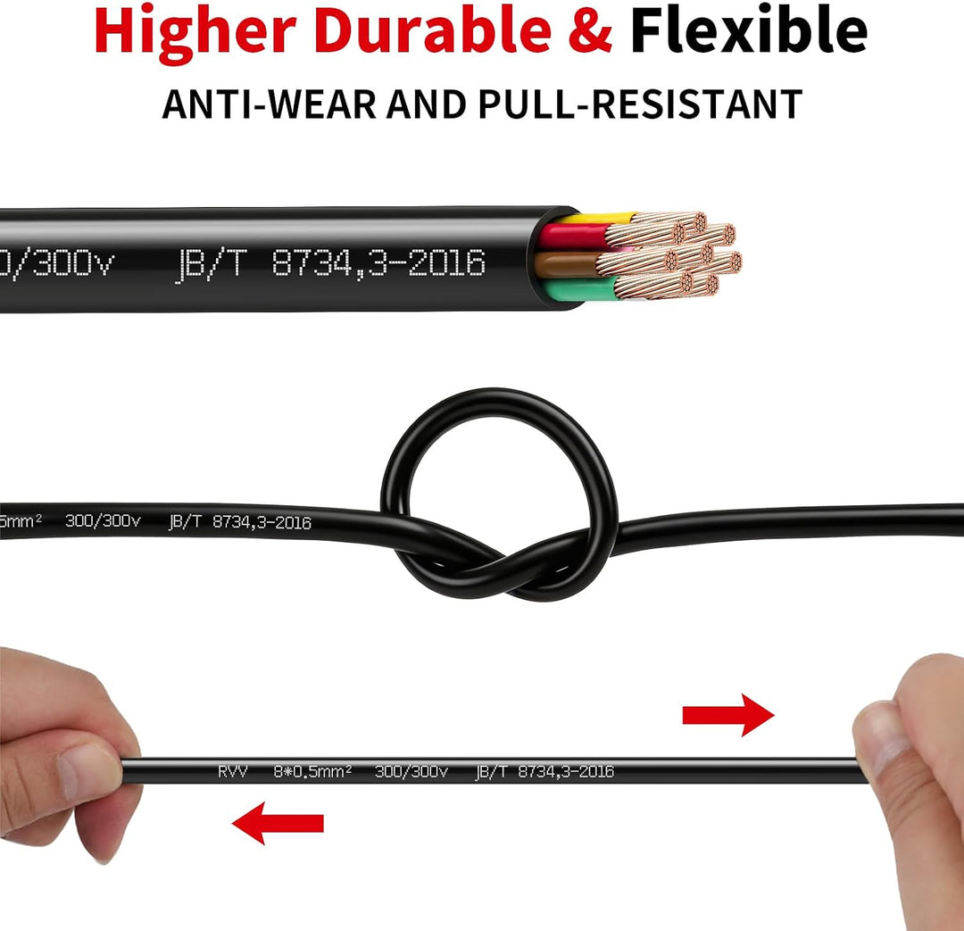 AOHEWEI 8 Adriges Anhängerkabel 12V 24V, Kupferkabel für Kraftfahrzeuge, 8 × 0,5 mm² rund dünnwandig
