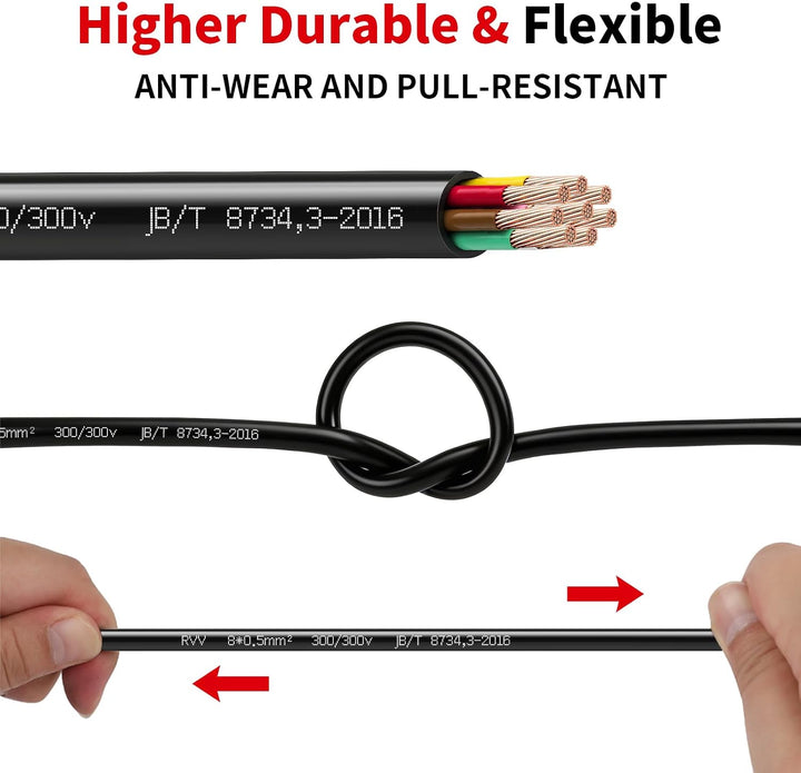 AOHEWEI 8 Adriges Anhängerkabel 12V 24V, Kupferkabel für Kraftfahrzeuge, 8 × 0,5 mm² rund dünnwandig