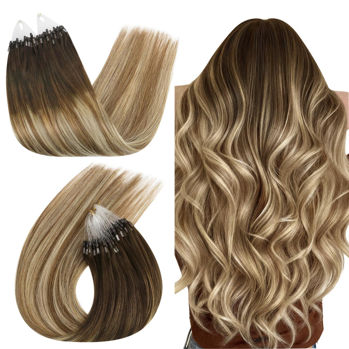 Ugeat 45cm Microring Haarverlängerung Echthaar Balayage Dunkelbraun zu Mittelbraun und Bleichblond 4