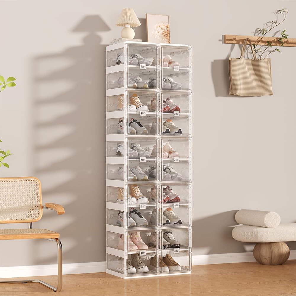 Transparente schuhregal,schuhboxen stapelbar Weisse Seitenplatte, mit magnetischer Tür, für Stöckels