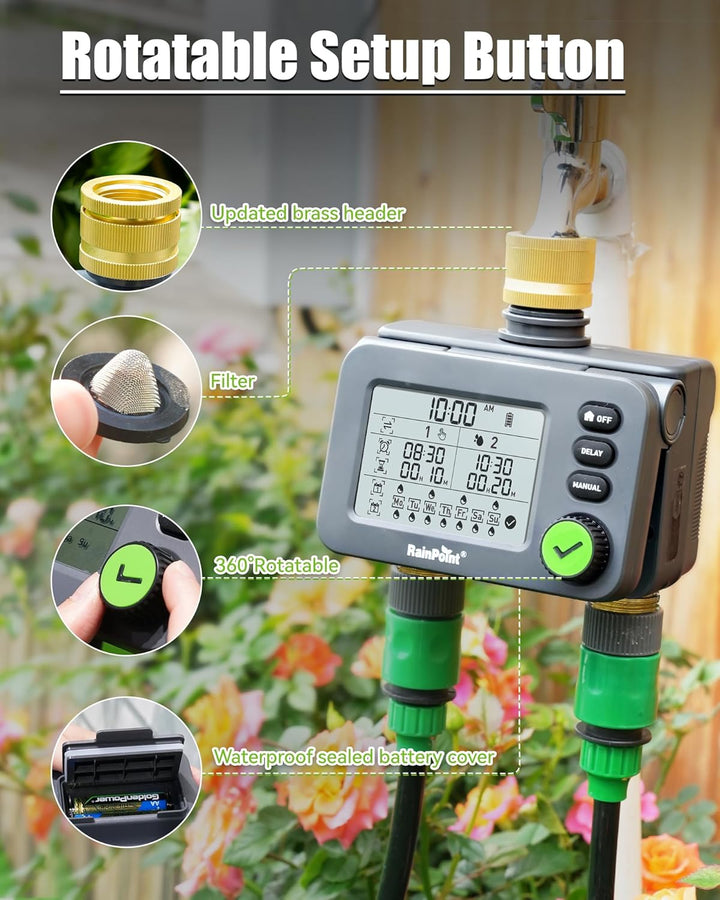 RAINPOINT 2 Wege Verteiler Wasser, 100% Metallgehäuse Verteiler & Bewässerungscomputer 2 ausgänge mi
