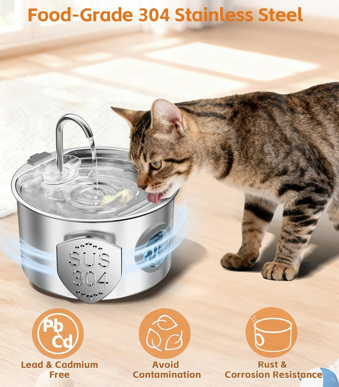 UPAWPIA 3.2L Katzenbrunnen Edelstahl mit 8 Filtern Trinkbrunnen für Katze Katzenbrunnen für Katzen m