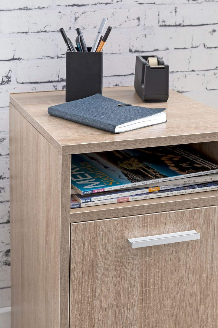 KADIMA DESIGN Rollcontainer OSSOLA: Weiss/Sonoma, 2 Türfächer, Ablagefach, Rollen mit Bremsen, Melam