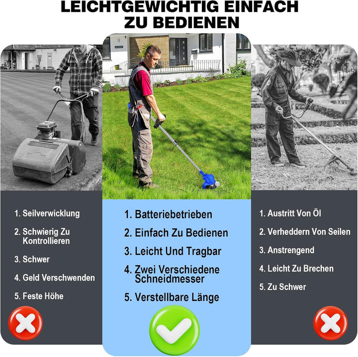 Qimu Akku Rasentrimmer 21V Elektrischer Rasentrimmer Elektro-Trimmer Akku Motorsense Rasen mit 2 Akk