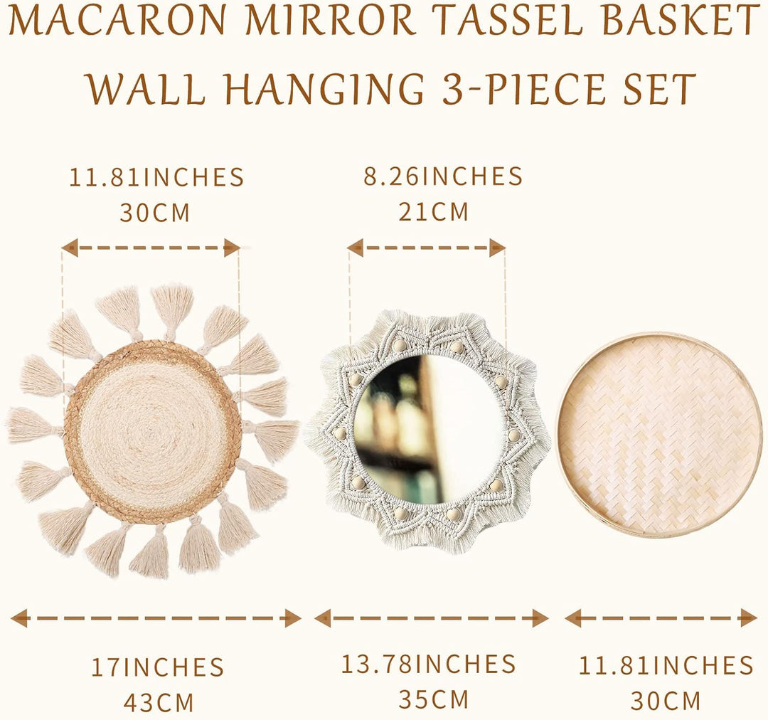 Boho Wandkorb Dekor Set - Flach Gewebter Makramee Tapisserie Spiegel Weiss Runde Quasten Handgemacht