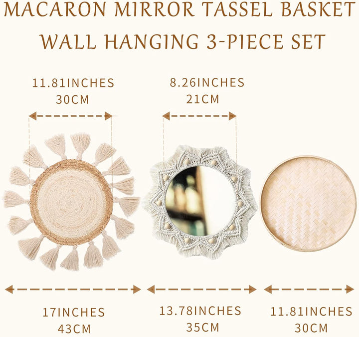 Boho Wandkorb Dekor Set - Flach Gewebter Makramee Tapisserie Spiegel Weiss Runde Quasten Handgemacht