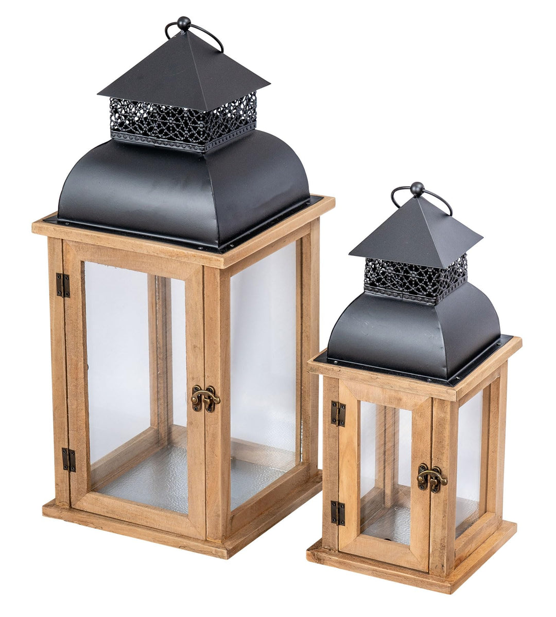 2er Set Laterne Braun Holz Metall Kerzenhalter Windlicht Gartendeko Holzlaterne Gartenlaterne Garten