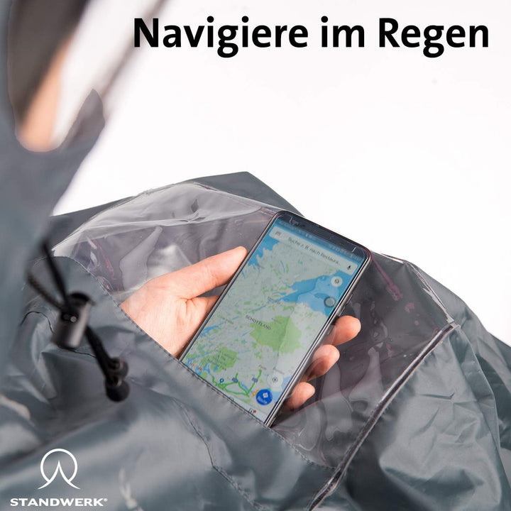 STANDWERK Regenponcho mit einzigartiger Navigationstasche und Sichtfenster fürs Wandern - Regencape
