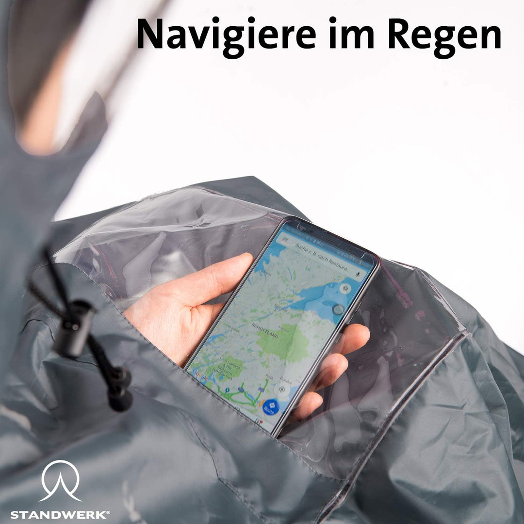 STANDWERK Regenponcho mit einzigartiger Navigationstasche und Sichtfenster fürs Wandern - Regencape