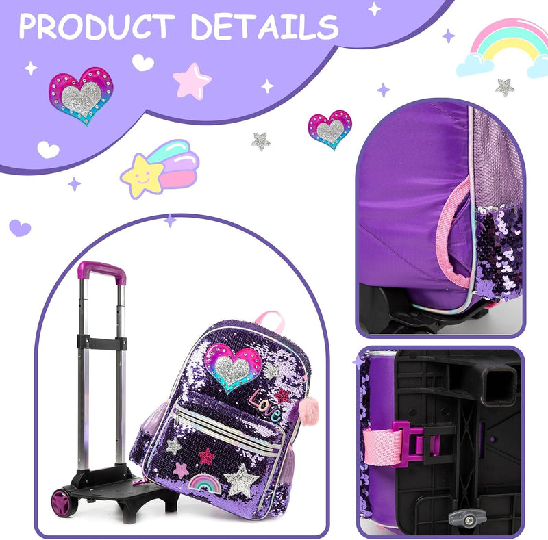 HTgroce Lila Liebe Trolley Rucksack mit Rollen, Federmäppchen, Lunch Tasche 3 in 1 Pailletten Rollin