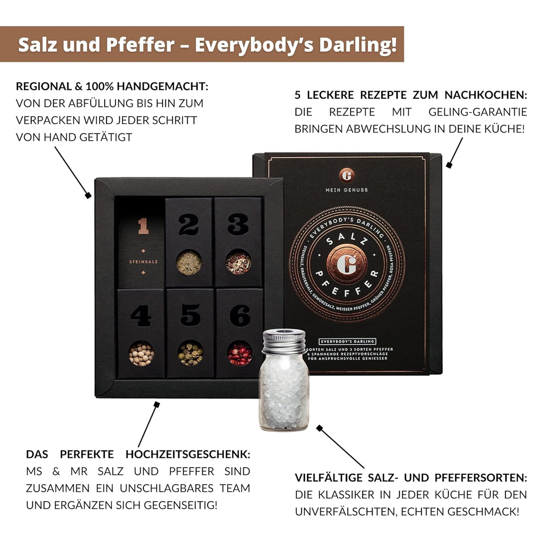 MEIN GENUSS Gewürzset Salz und Pfeffer – Salz und Pfeffer Probier-Set – Geschenk für Kochanfänger un