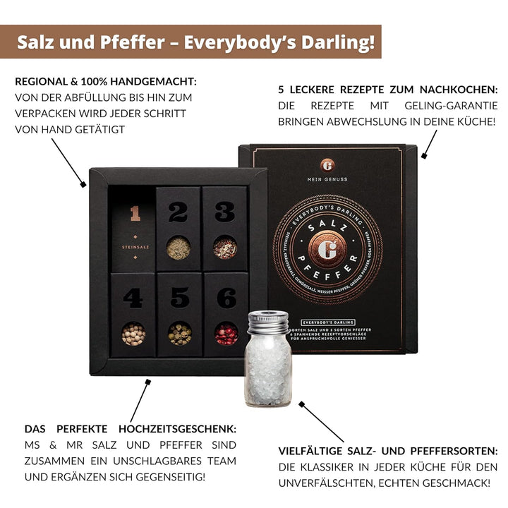 MEIN GENUSS Gewürzset Salz und Pfeffer – Salz und Pfeffer Probier-Set – Geschenk für Kochanfänger un