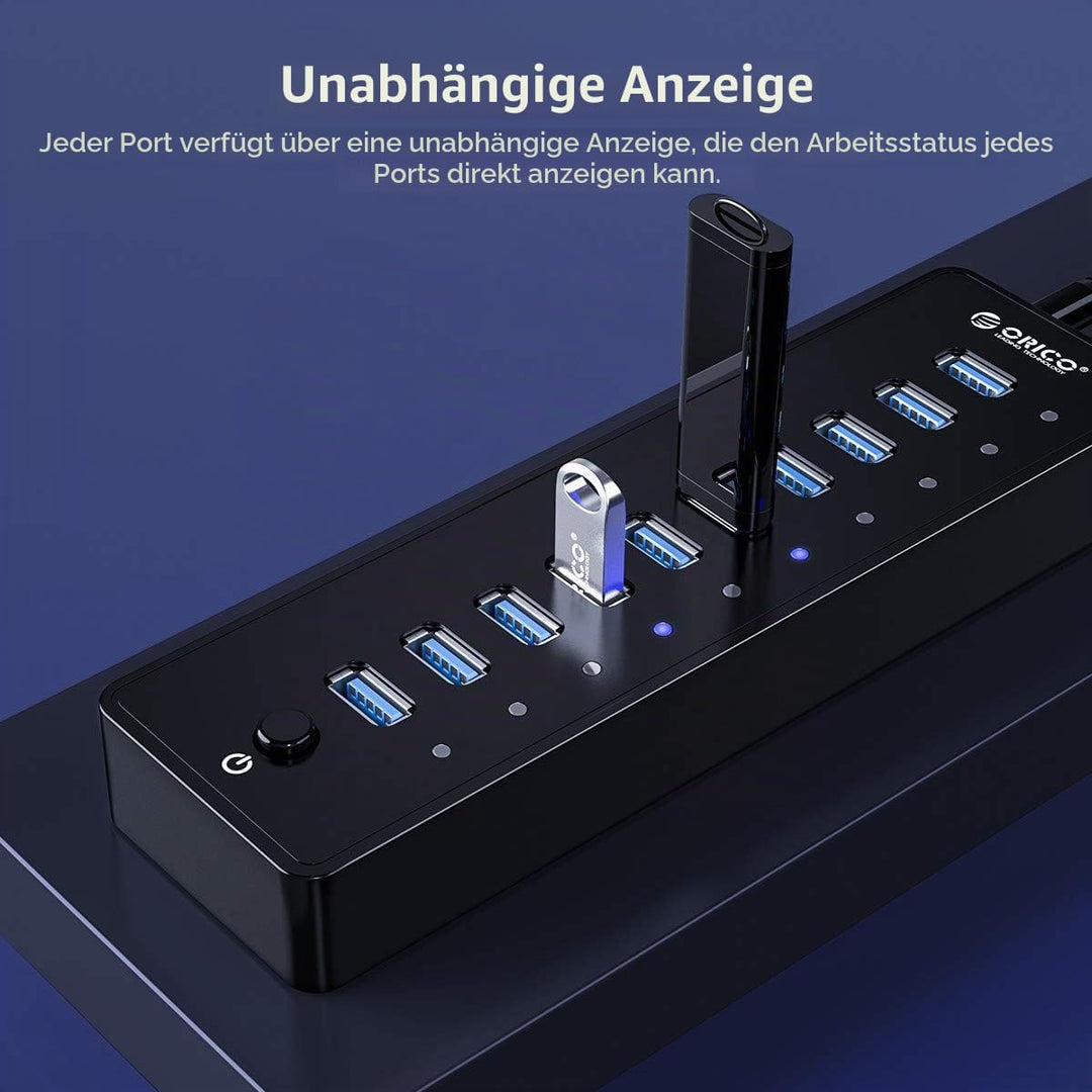 ORICO USB 3.0 Hub 10 Ports mit Netzschaltern und Netzteil 45W (12V4A), 5 Gbps Highspeed Datenhub für