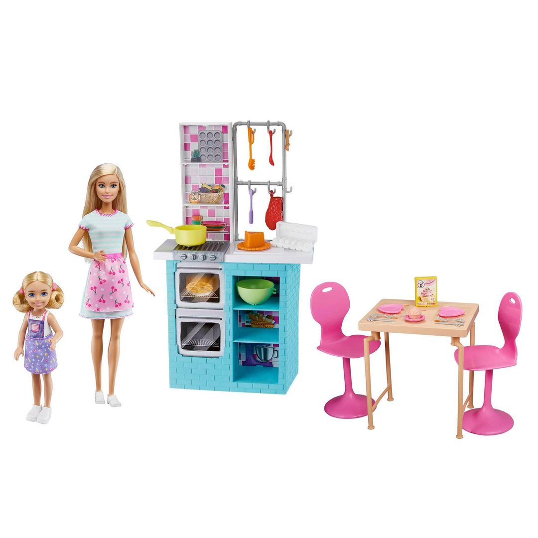 Barbie-Schwestern Backspielset mit Barbie-Puppe & Chelsea-Puppe, Küchenutensilien, Geschirr und über