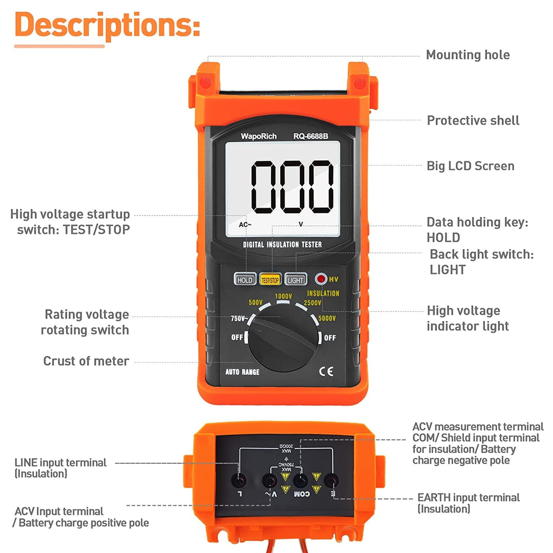 Digitaler Isolationswiderstandstester, WapoRich 200G Ohm MegOhmmeter Isolationswiderstandsmessgeräte