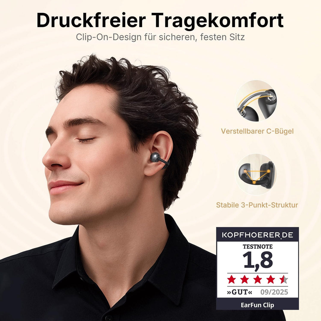 EarFun Clip Open Ear Kopfhörer Bluetooth, komfortabler Sitz, 10.8 mm Carbon-Treiber, Hi-Res Audio, L