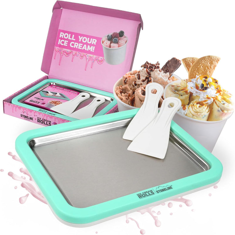 STONELINE by Mr. Ice Cream Rolls ORIGINAL Ice Cream Rolls Maker Eisplatte Mint 26x21x3,5 cm mit 2 Sp