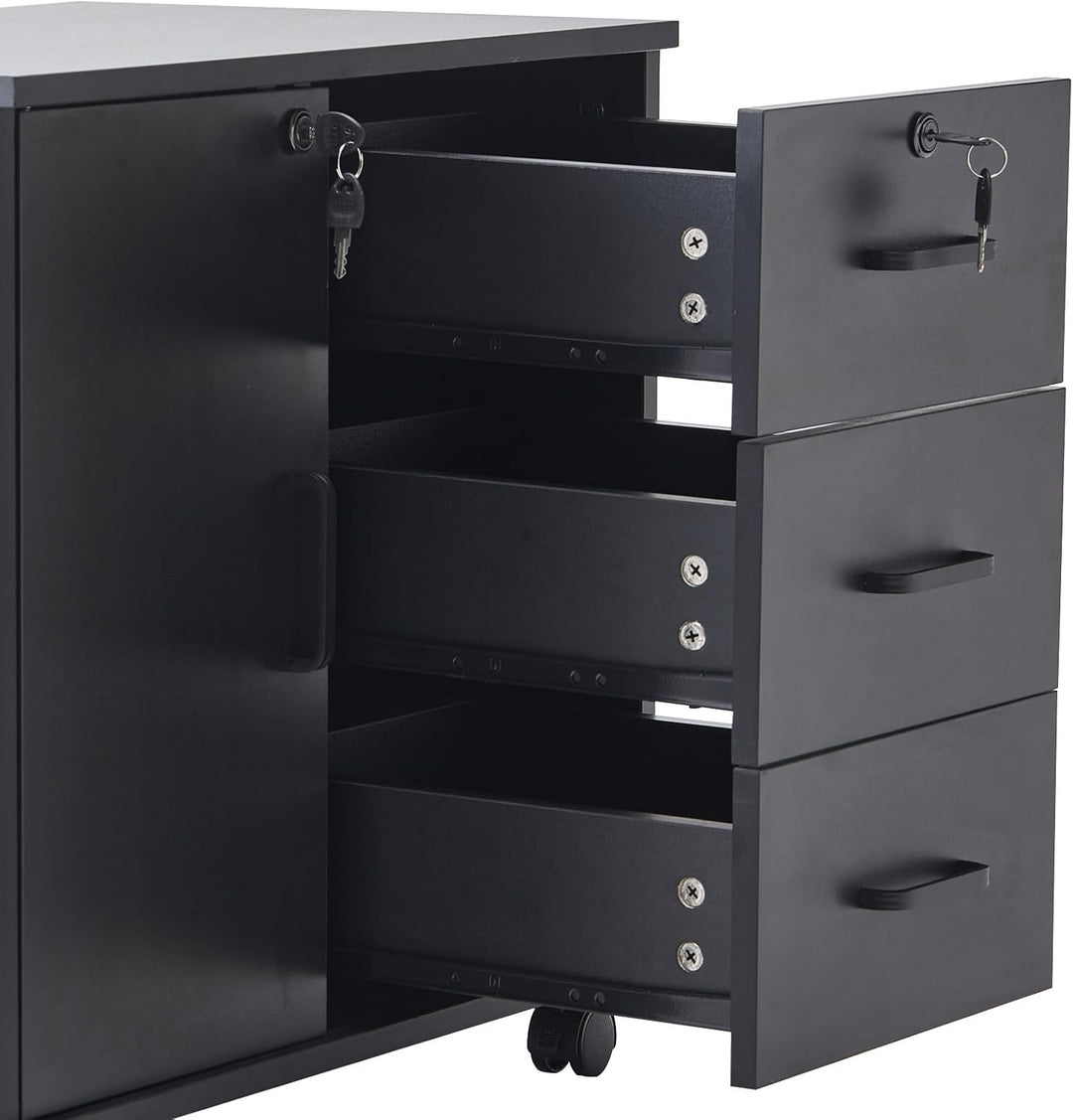 ZBAOLTO Rollcontainer Aktenschrank aus Holz, Abschliessbar Büroschrank mit 3 Schubladen und Tür, Ver
