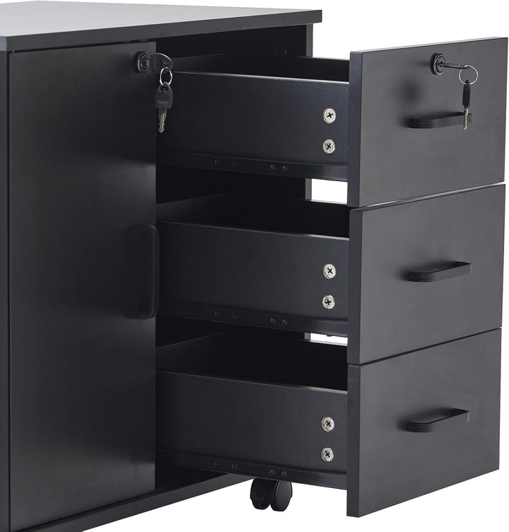 ZBAOLTO Rollcontainer Aktenschrank aus Holz, Abschliessbar Büroschrank mit 3 Schubladen und Tür, Ver
