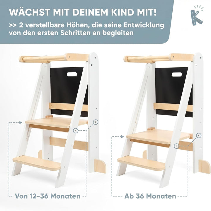 Lernturm ab 1 Jahr Klappbar, Lernturm Klappbar mit 2 Höhen, Abnehmbarer Tafel, nordisches Design, Ki