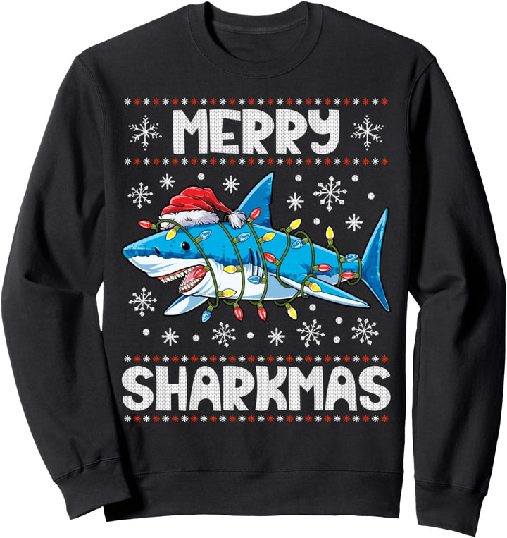 Merry Sharkmas Shark Santa Ugly Christmas Lights Boys Xmas Sweatshirt
