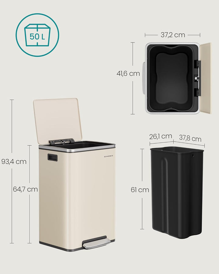 SONGMICS Mülleimer 50 L, 15 Müllsäcke, Stahl, herausnehmbarer Inneneimer aus Kunststoff, mit Deckel,