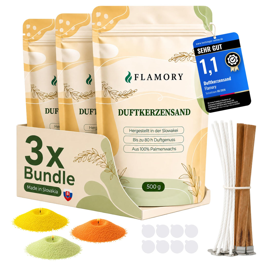 Kerzensand mit Duft 3x500g – Duftkerzensand [Orange/Citronella/Verbena] – 18 Dochte inklusive – 100%