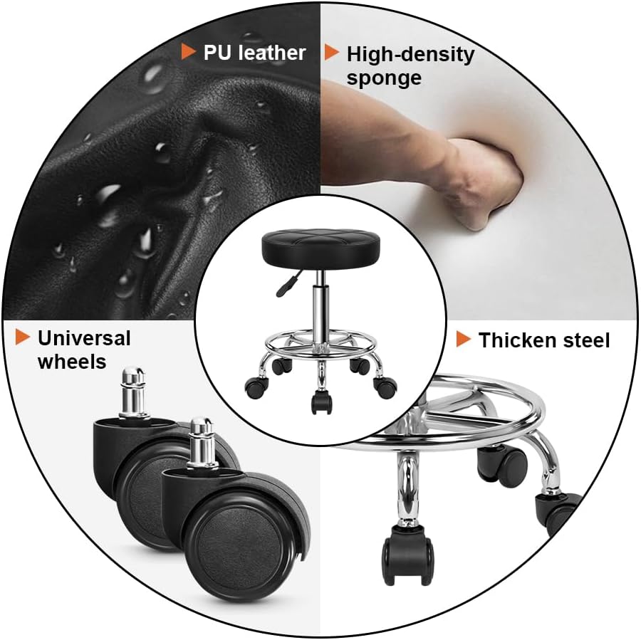 KKTONER Rollhocker Arbeitshocker Barhocker höhenverstellbar 49-64cm drehbar aus Kunstleder Schwarz,