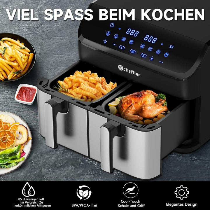 Scheffler Heissluftfritteuse 2 kammern 9L (2x4.5L), 2000W Airfryer mit 2 Fächer, Doppelkammerh, Dual