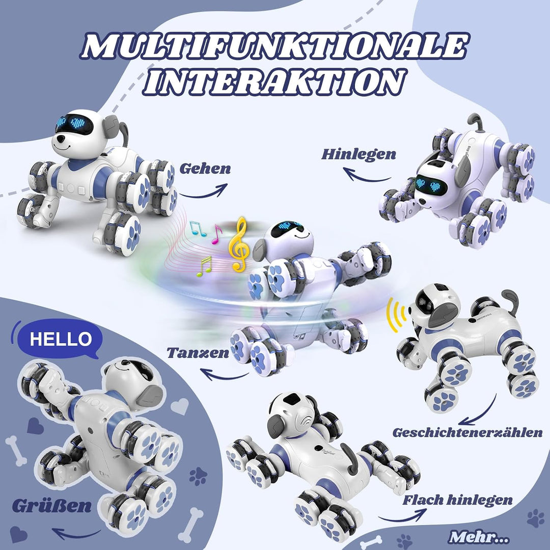 JONRRYIN Roboter Hund Kinder, Ferngesteuertes Roboterhund Spielzeug, 8WD RC Stunt und Handsteuerung,