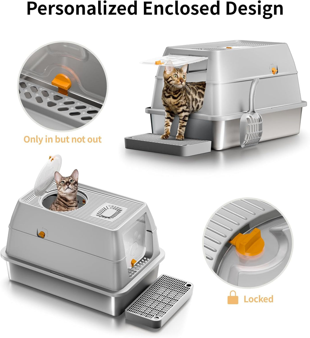 XXL Edelstahl Katzenklo geruchsfrei mit Deckel, grosse Katzentoilette aus Edelstahl, Geschlossen Kat