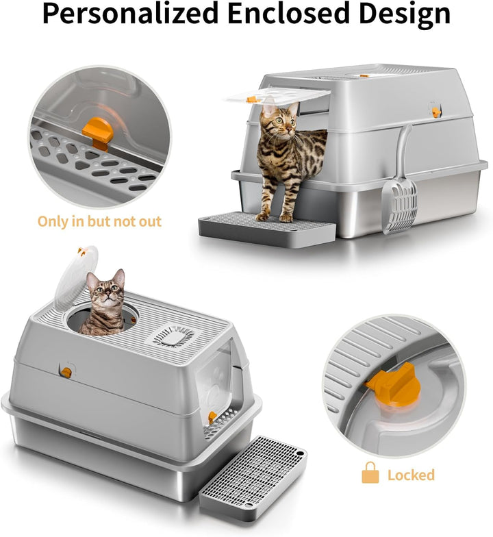 XXL Edelstahl Katzenklo geruchsfrei mit Deckel, grosse Katzentoilette aus Edelstahl, Geschlossen Kat