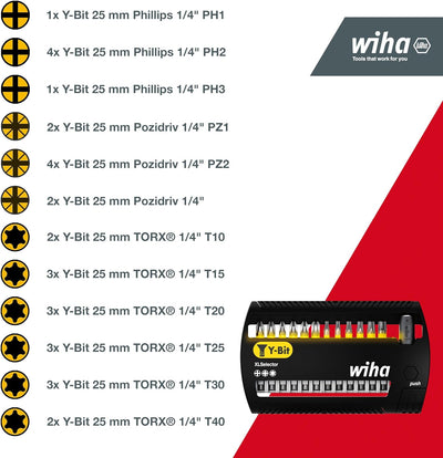 Wiha Bit Set XLSelector Y-Bit 13-tlg. I 50 mm PH, Pozidriv, TORX 1/4" E6,3 I magnetischer Bithalter