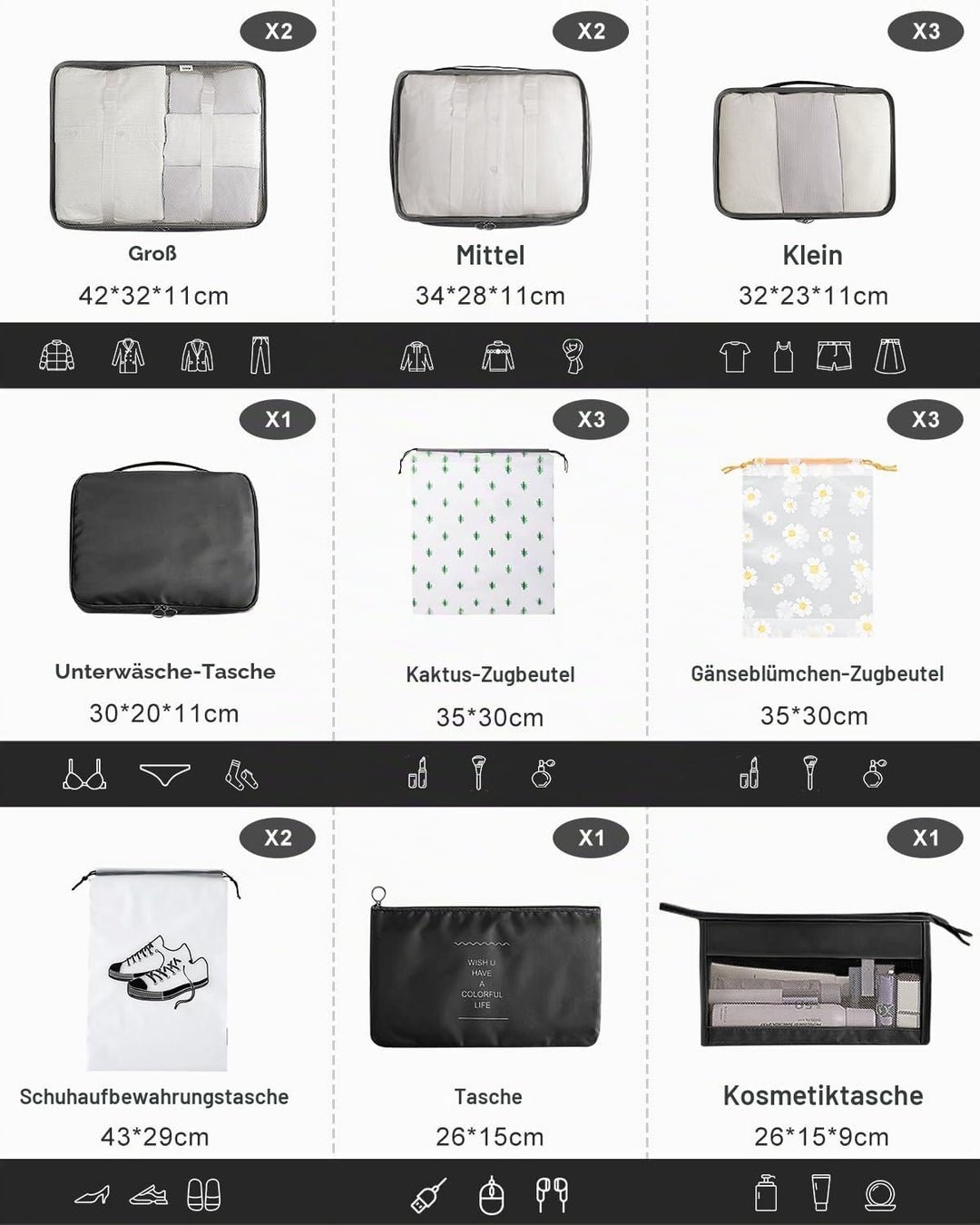 Koffer Organizer Set 18-teilig, Wasserdicht Packing Cubes, Multifunktionale Travel Packwürfel, Koffe