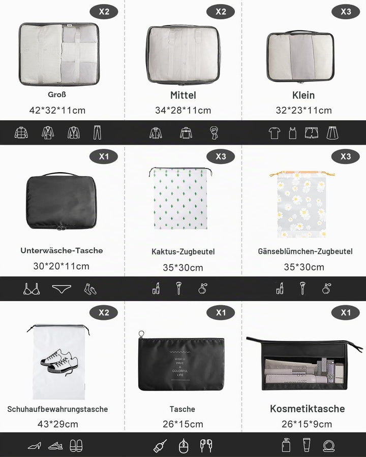 Koffer Organizer Set 18-teilig, Wasserdicht Packing Cubes, Multifunktionale Travel Packwürfel, Koffe