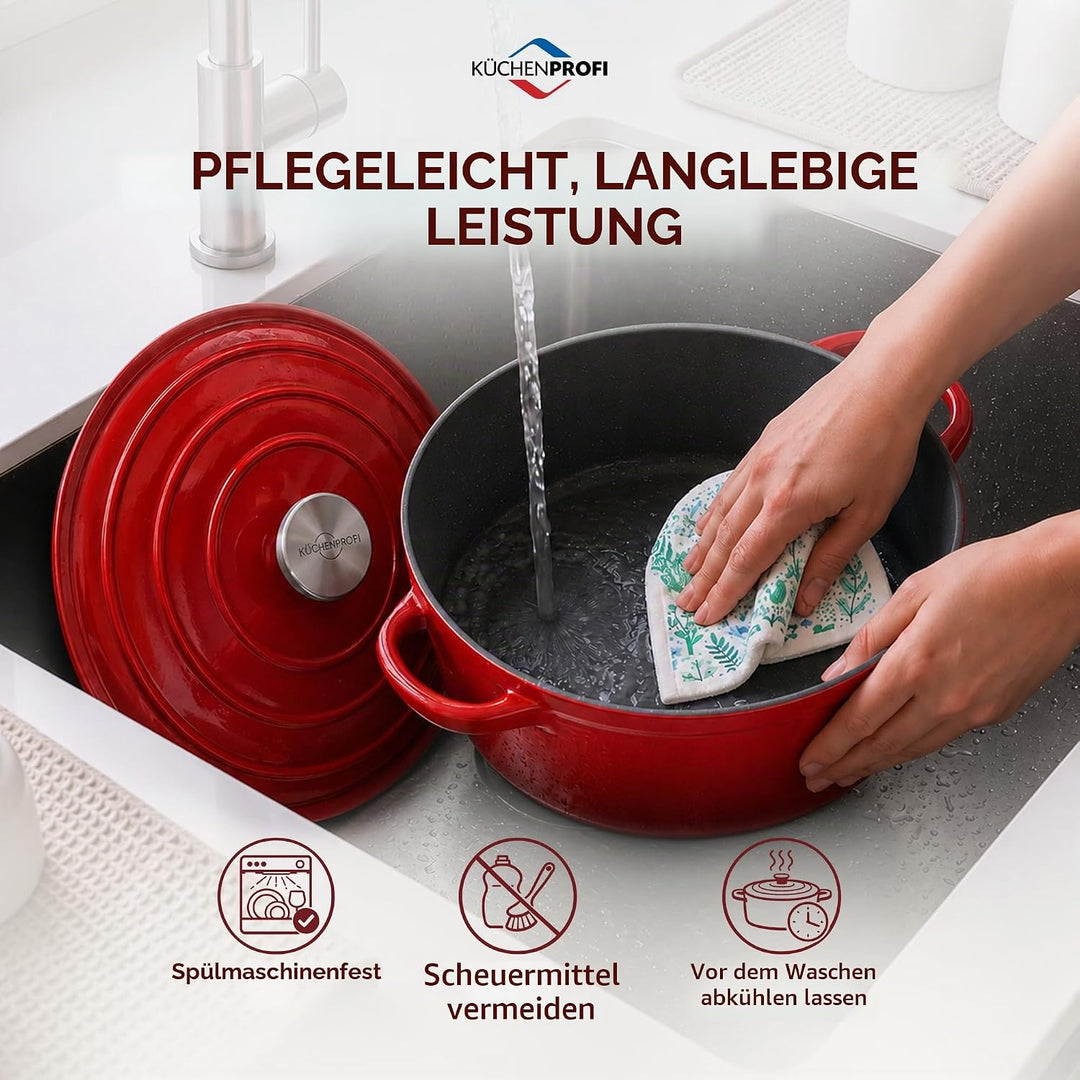 Küchenprofi Gusseisen Bräter mit Deckel, rot/innen schwarz , 26 cm, Schmortopf, Auflaufform, Dutch O