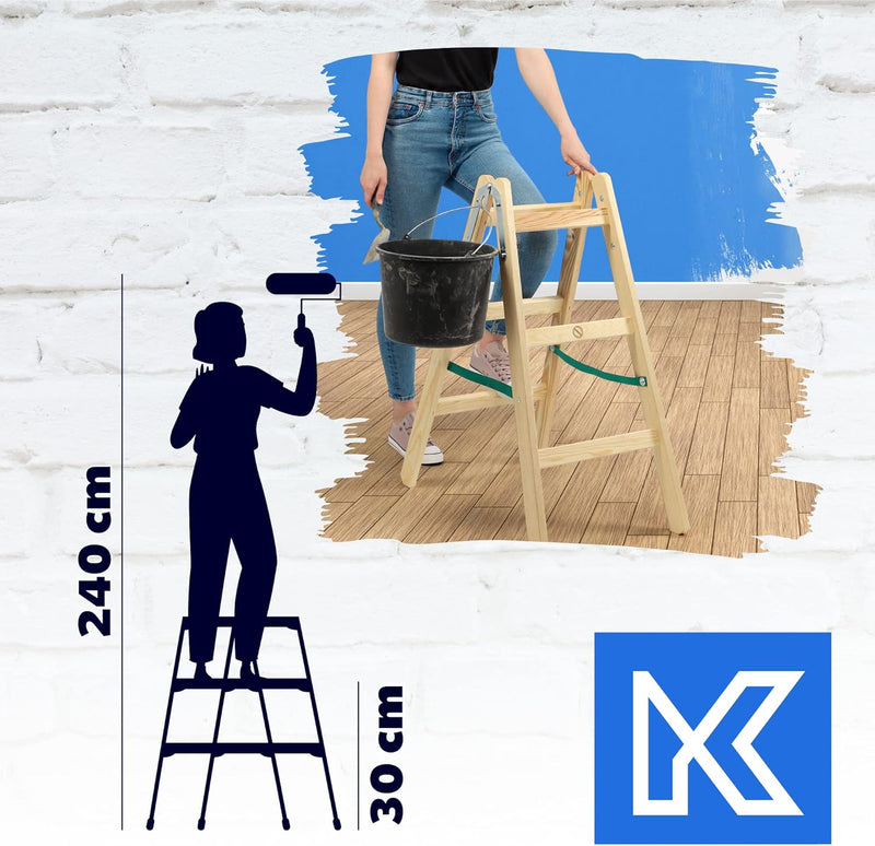 KADAX Holzleiter, Bockleiter bis 150 kg, klappbare Malerleiter, Doppelstufenleiter mit Stahlhaken, E
