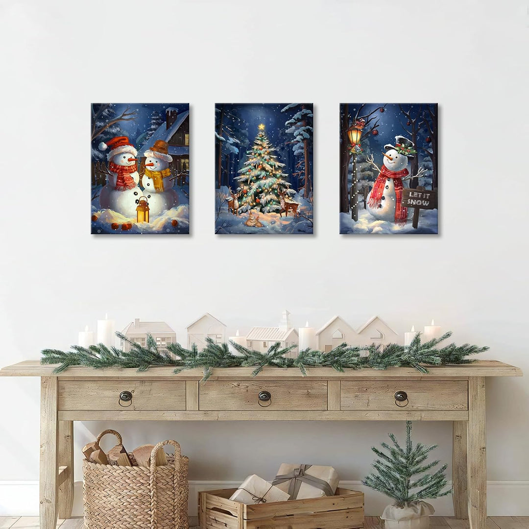 3Pcs Leinwandbilder Bilder mit Rahmen Blau Weihnachten Schnee Schauplatz bild auf leinwand Schneeman