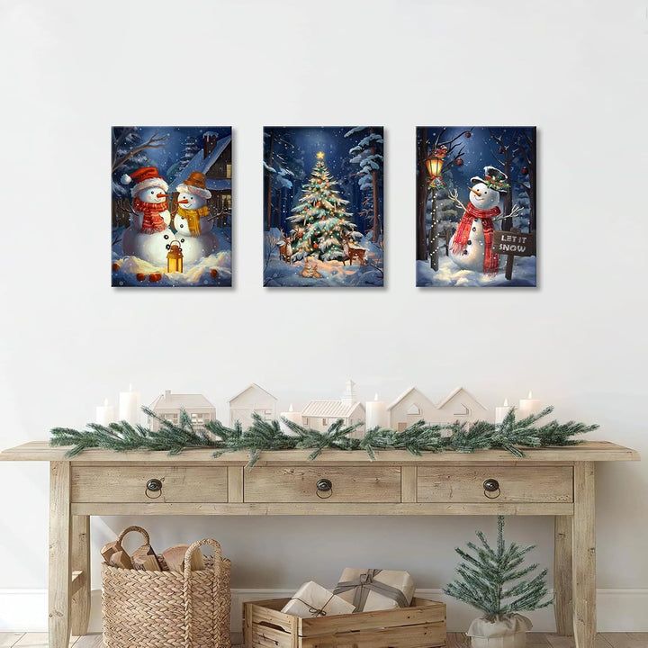 3Pcs Leinwandbilder Bilder mit Rahmen Blau Weihnachten Schnee Schauplatz bild auf leinwand Schneeman