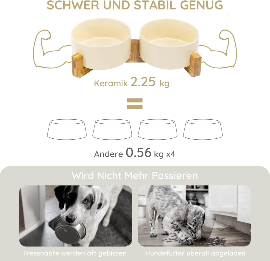 SPUNKYJUNKY Keramik Doppel Futternapf mit Bambus Ständer für Katzen und Hunde (850ml, Beige) Beige D