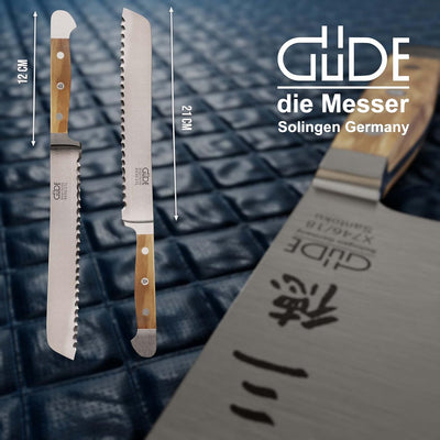 GÜDE Solingen - Brotmesser Linkshänder geschmiedet, 21 cm, Olivenholz, ALPHA OLIVE, Doppelkropf, Han