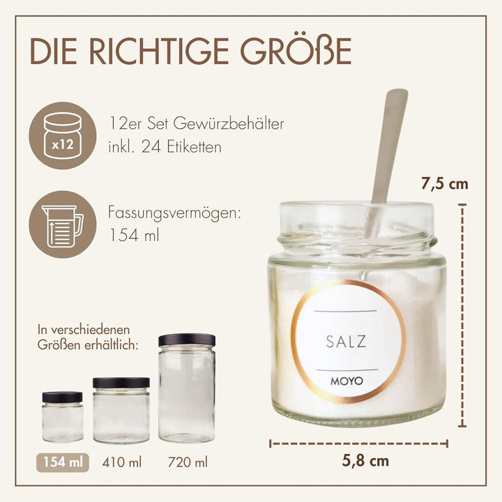 MOYO Gewürzgläser - hochwertige Gewürzdosen Made in Germany - 12er Set Gewürzbehälter mit Etiketten