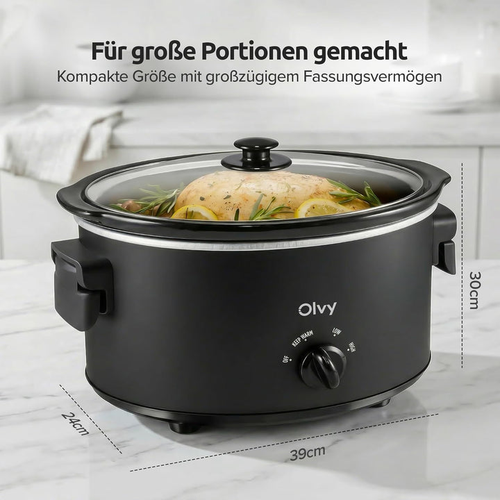 Olvy Slow Cooker 6L Schongarer Keramik-Innentopf 3 Stufen Low High Warm Faltbare Griffe Familie Meal