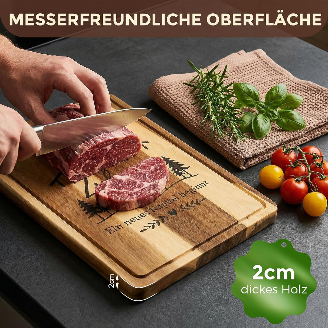 Einzugsgeschenke Wohnung - 38x28x2cm Akazienholz Schneidebrett mit Saftrille - Edles Einweihungsgesc