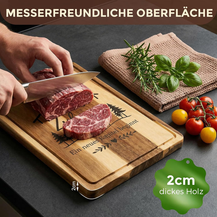 Einzugsgeschenke Wohnung - 38x28x2cm Akazienholz Schneidebrett mit Saftrille - Edles Einweihungsgesc
