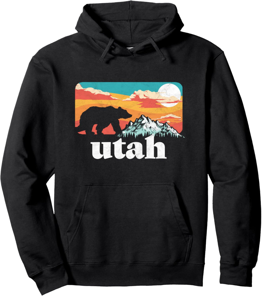 Utah Retro Bear & Mountain Vintage 80s Graphic Pullover Hoodie